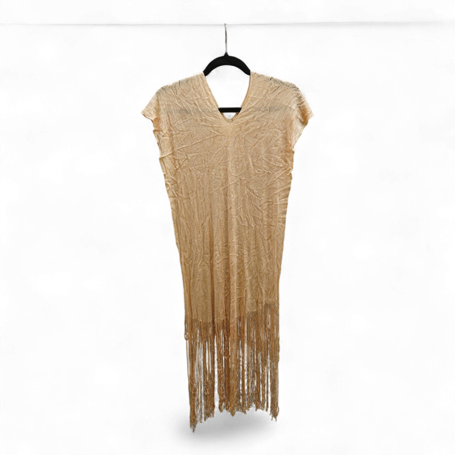 A 1920’s-30’s silk stockinette fringed ladies open sided knitted tabard, sides 56cm long not including fringe. Condition - front point of V slightly worn.